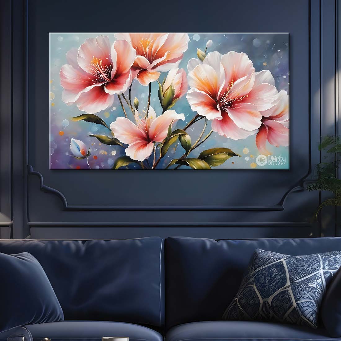 Pink flowers in sky blue background canvas painting- Flower-802