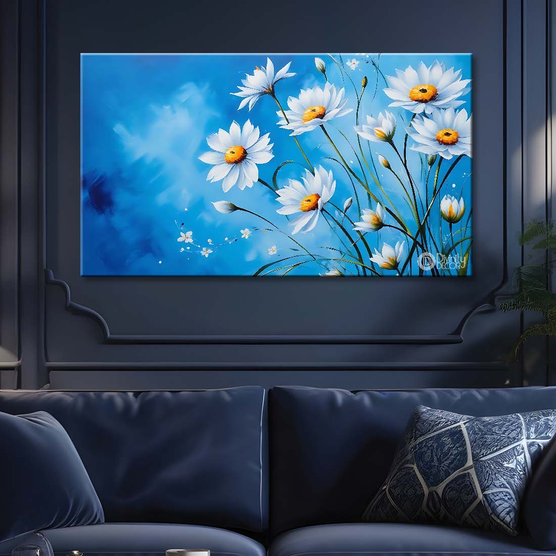 White flowers in  blue background canvas painting- Flower-803