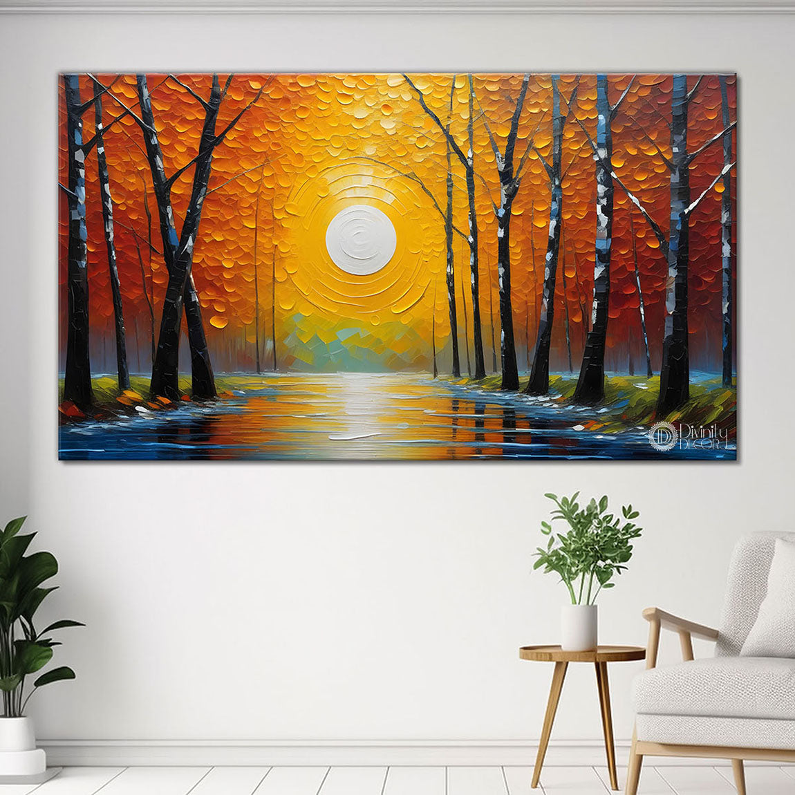Trees with the lake and sun painting Canvas Painting - Nature Art -804