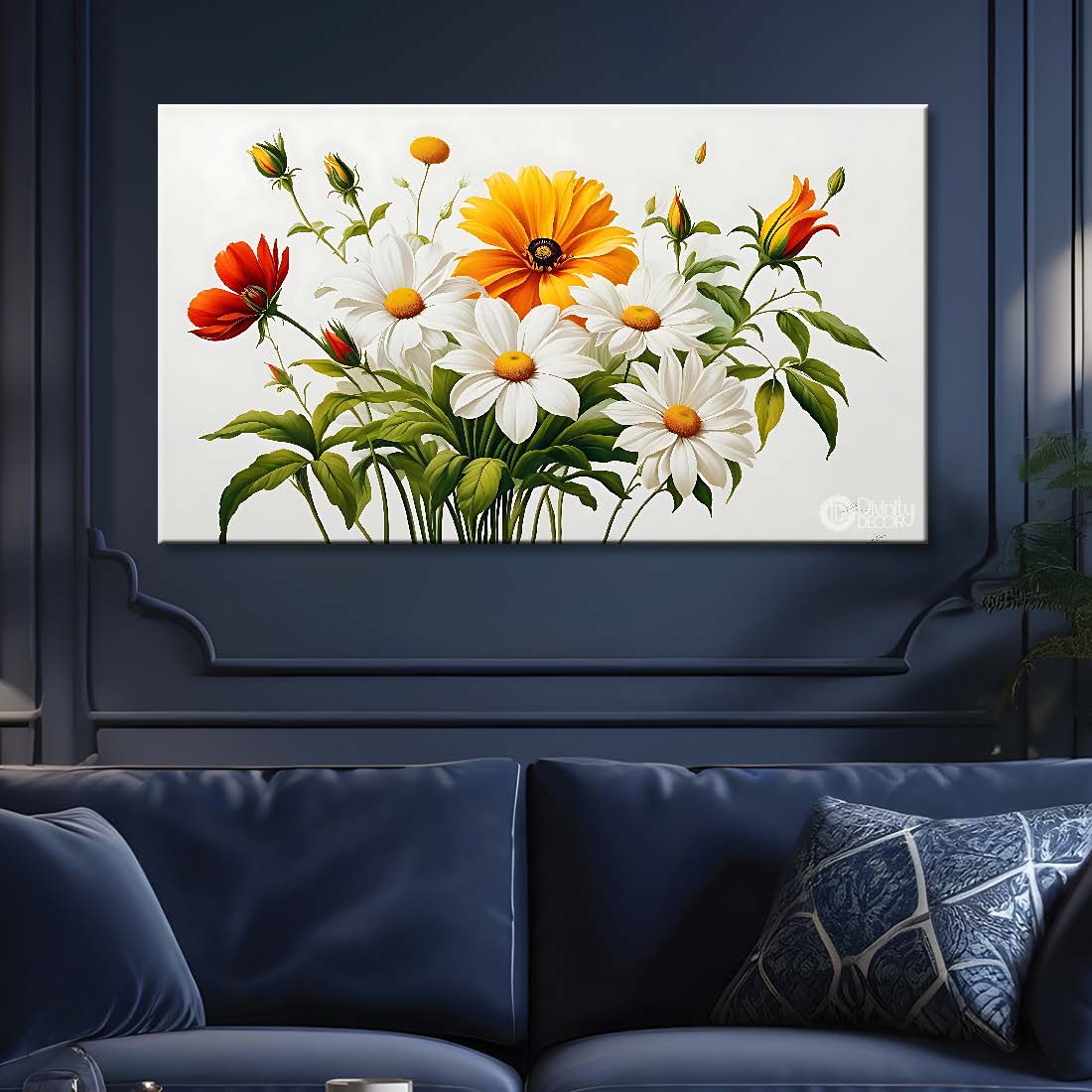 White and orange flowers in white background canvas painting- Flower-808