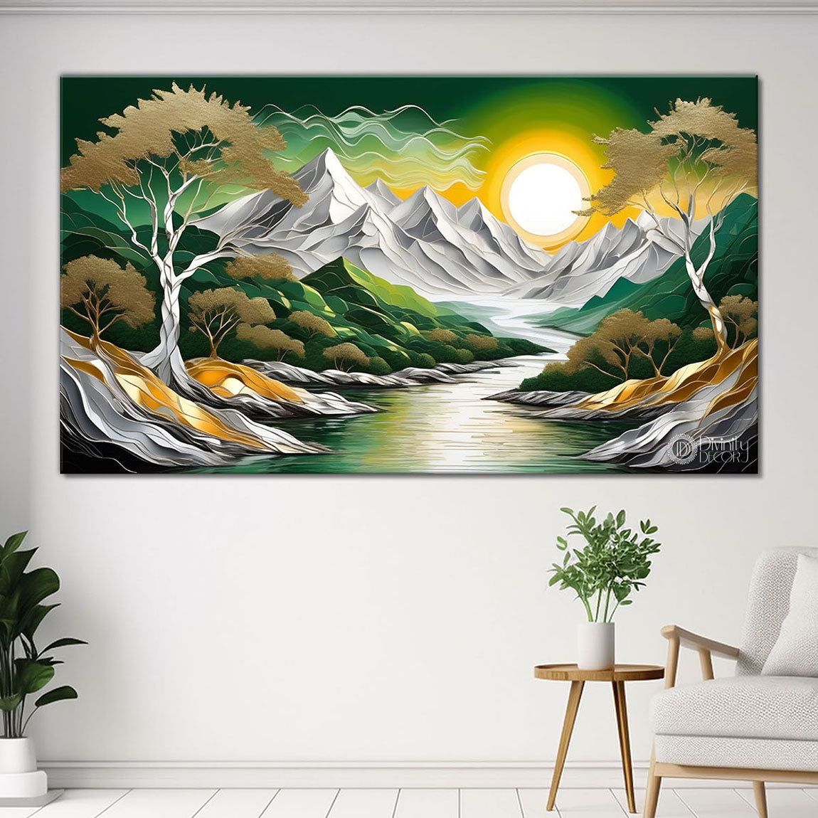 Green mountains with sun and trees painting Canvas Painting - Nature Art -809