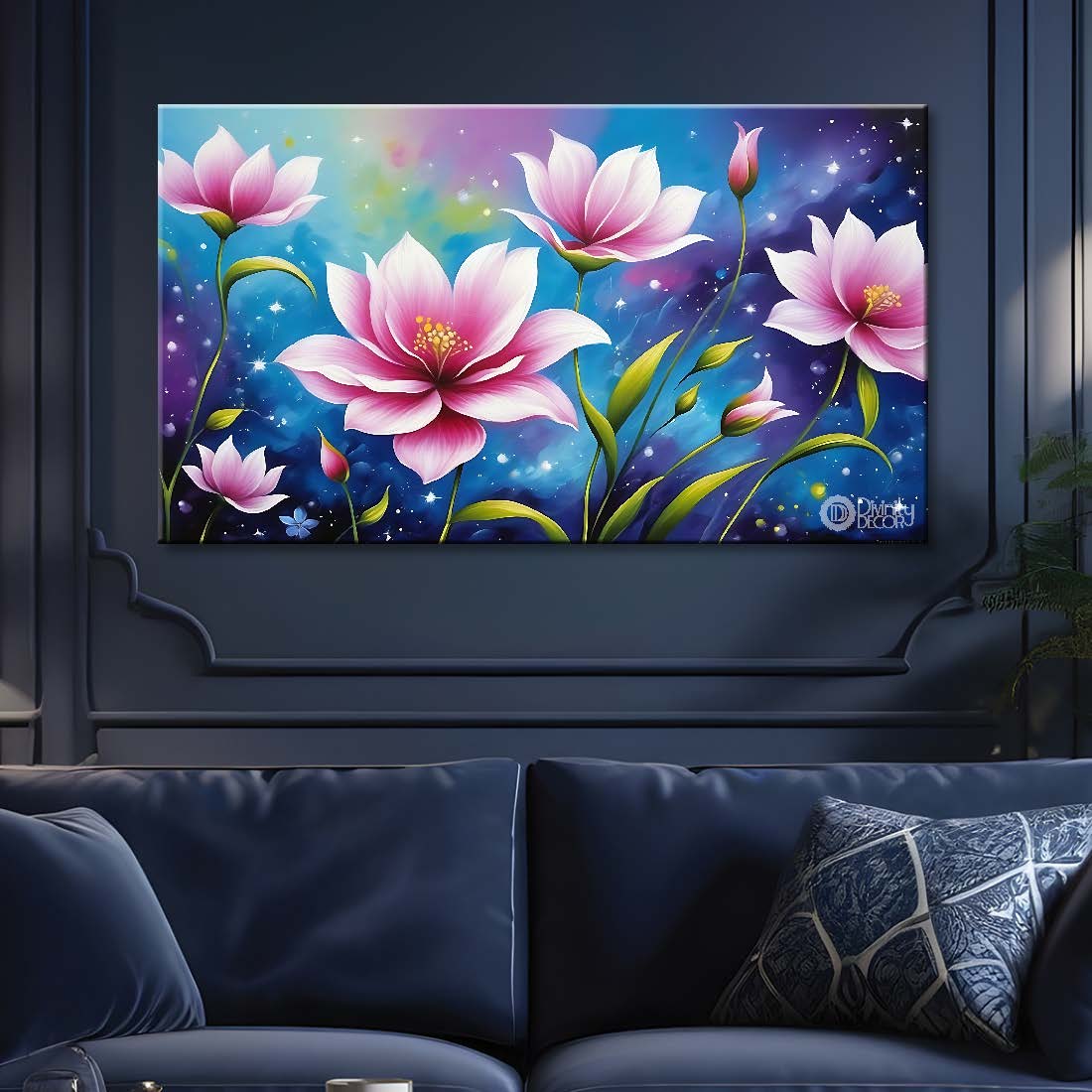 Pink flowers in sky blue background canvas painting- Flower-810