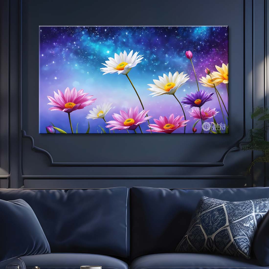 Pink flowers in sky blue background canvas painting- Flower-811