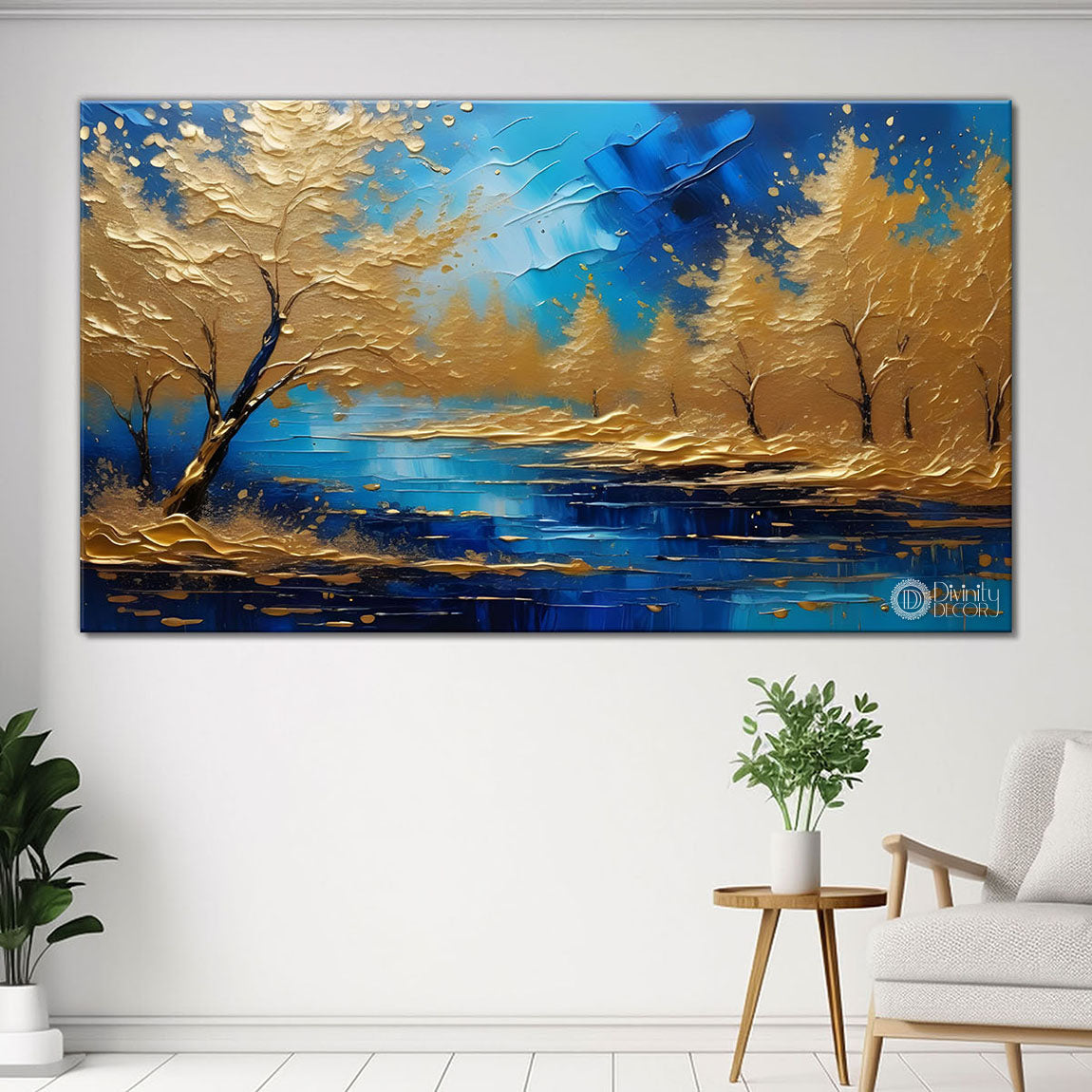 Golden trees with the lake painting Canvas Painting - Nature Art -812