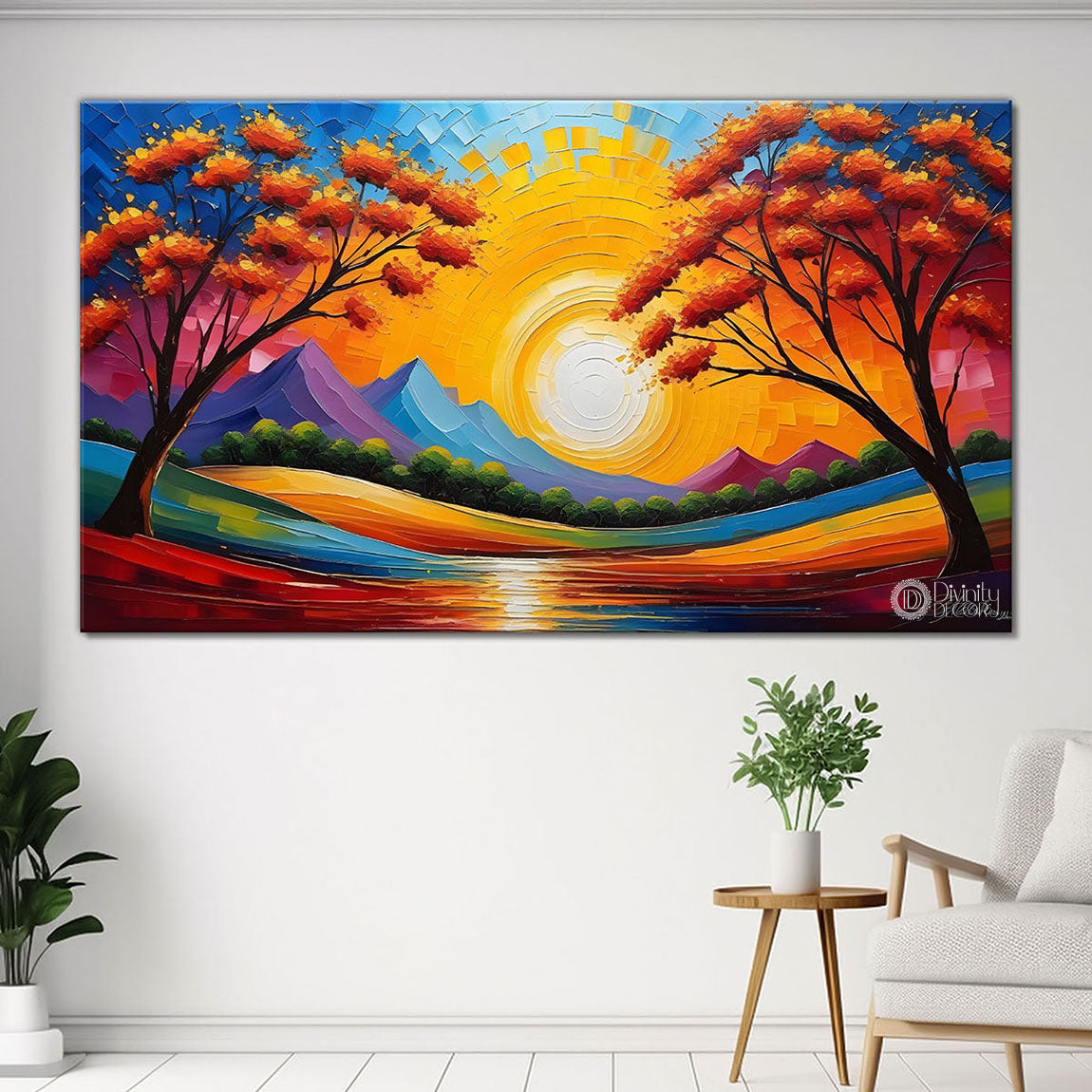 Orange trees with the sun painting Canvas Painting - Nature Art -813