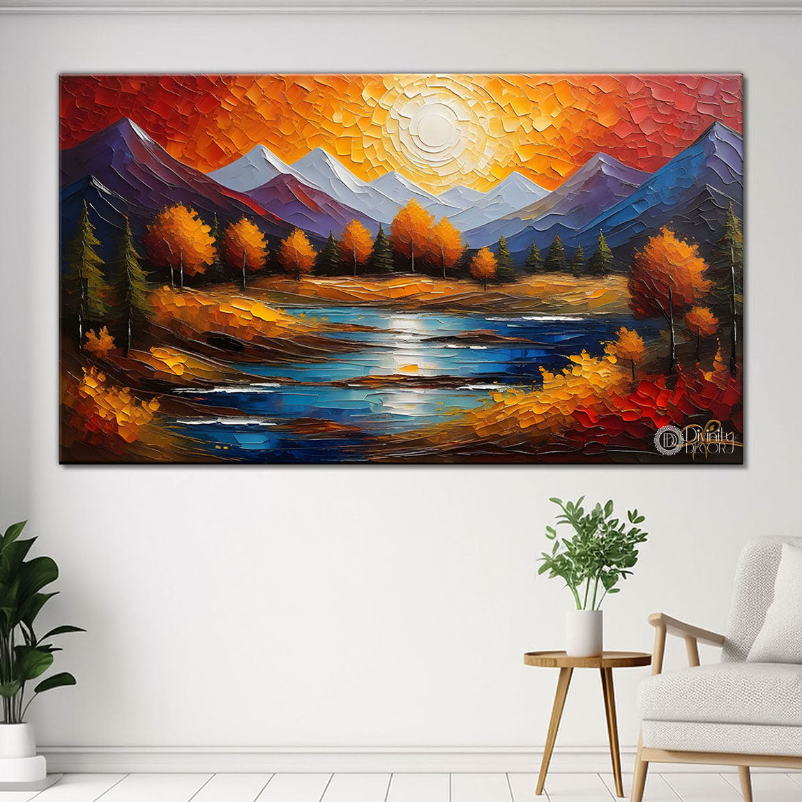 Mountains with the lake and trees painting Canvas Painting - Nature Art -814