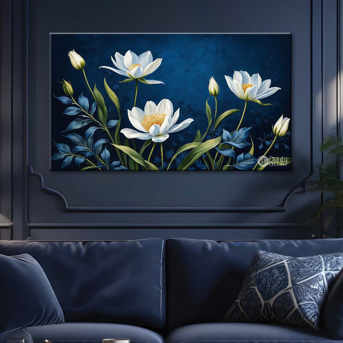 White flowers in blue background canvas painting- Flower-816