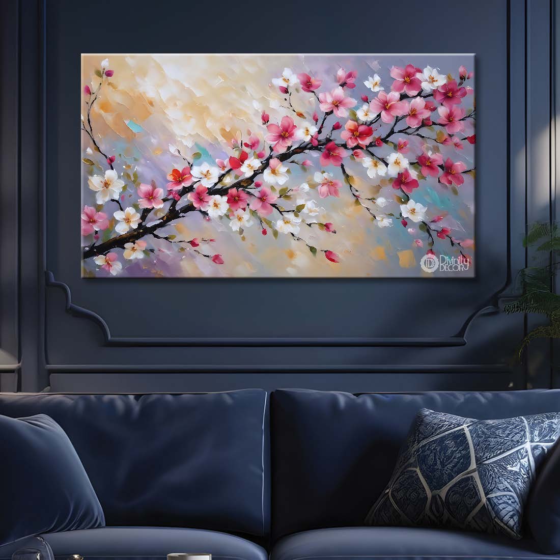 Pink flowers in grey background canvas painting- Flower-817