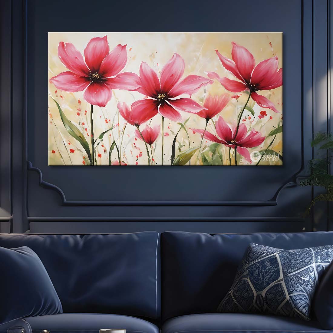 Pink flowers in light background canvas painting- Flower-819