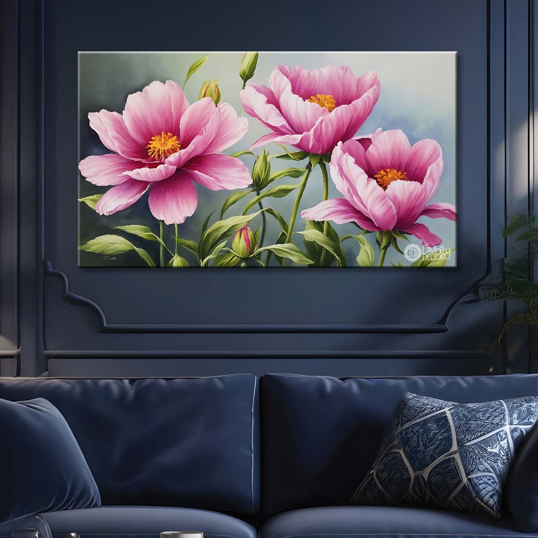 Pink flowers in sky blue background canvas painting- Flower-820