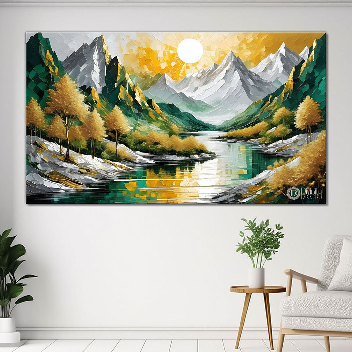 Green mountains with sun and trees painting Canvas Painting - Nature Art -820