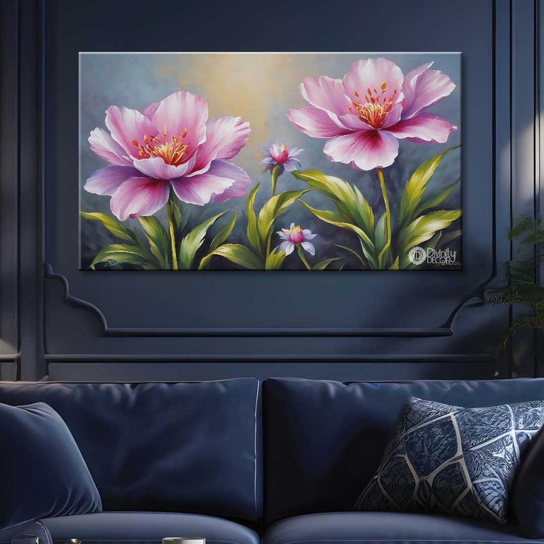 Pink flowers in grey background canvas painting- Flower-823