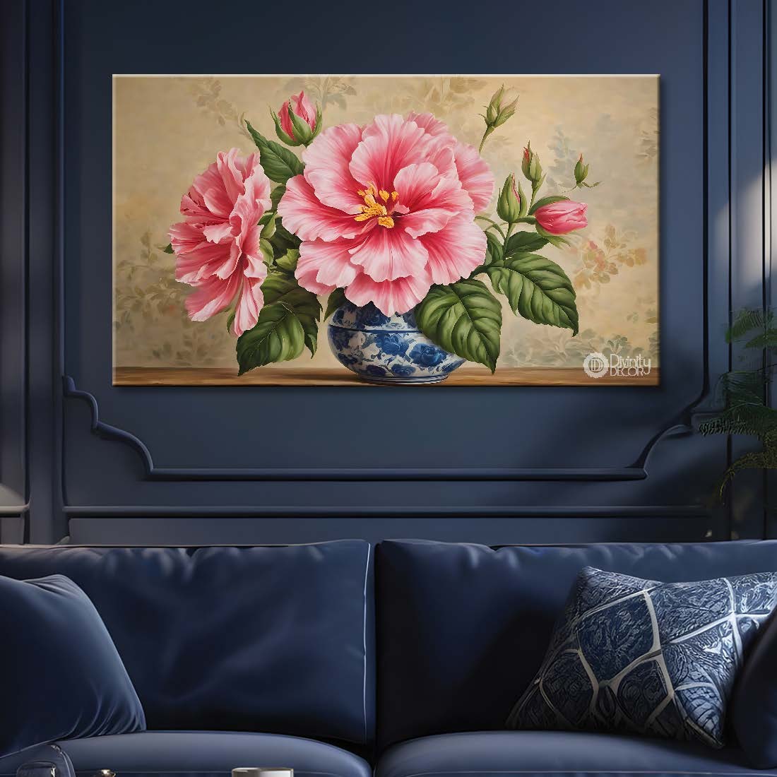 Pink flowers in light brown background canvas painting- Flower-824