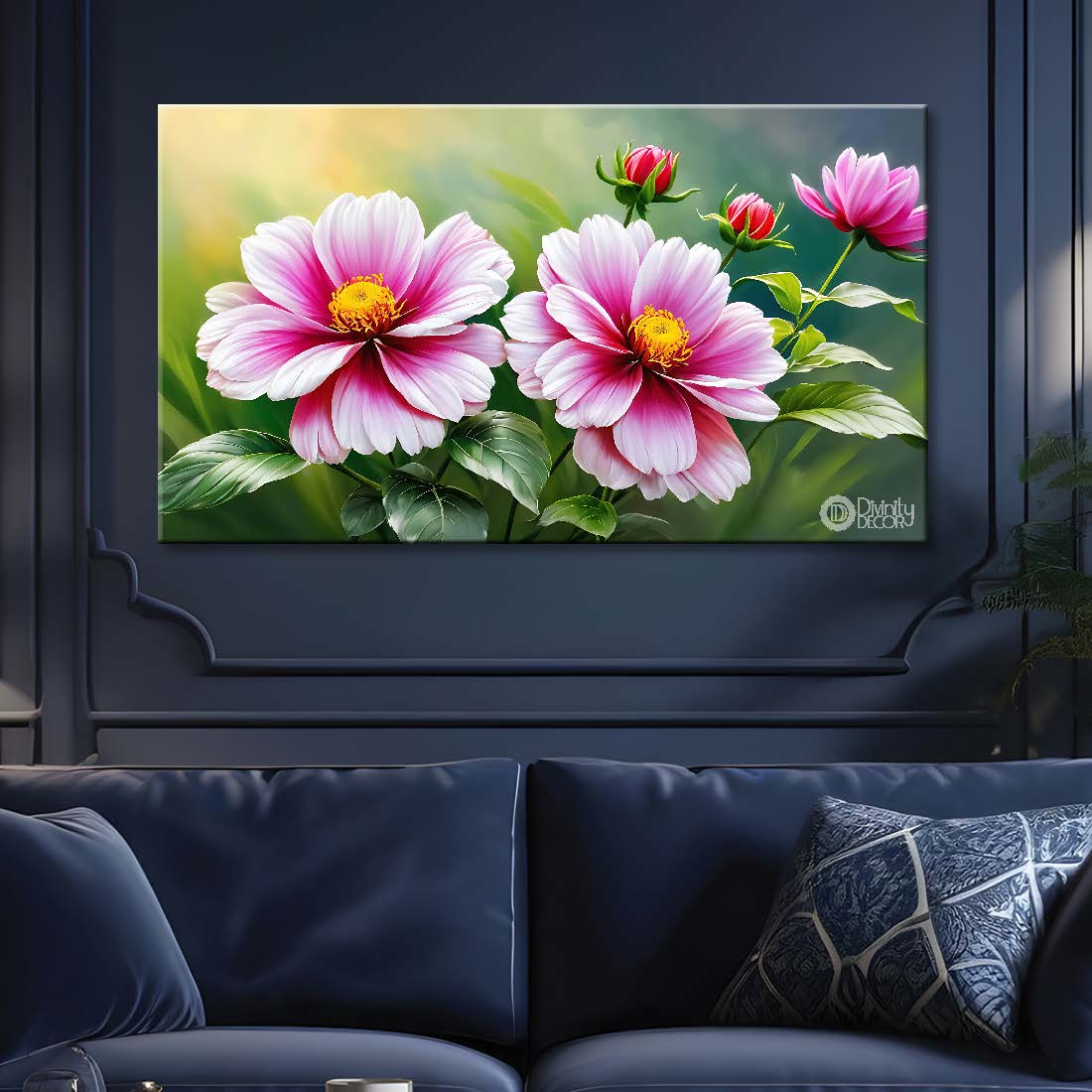 Pink flowers in light green background canvas painting- Flower-825