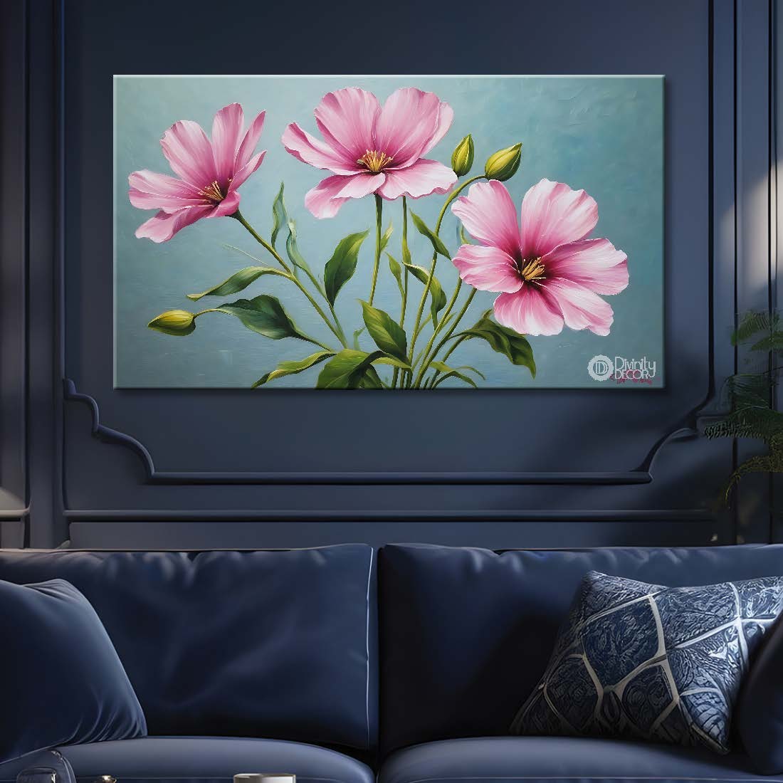 Pink flowers in light blue background canvas painting- Flower-826