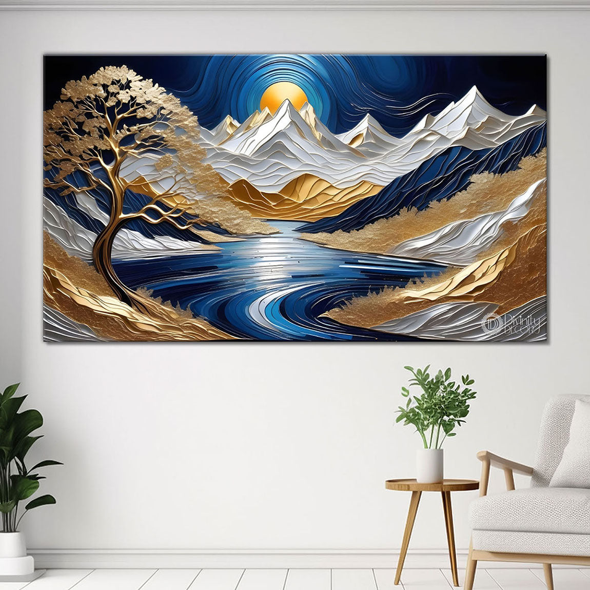 Blue mountains with the tree and the lake painting Canvas Painting - Nature Art -826