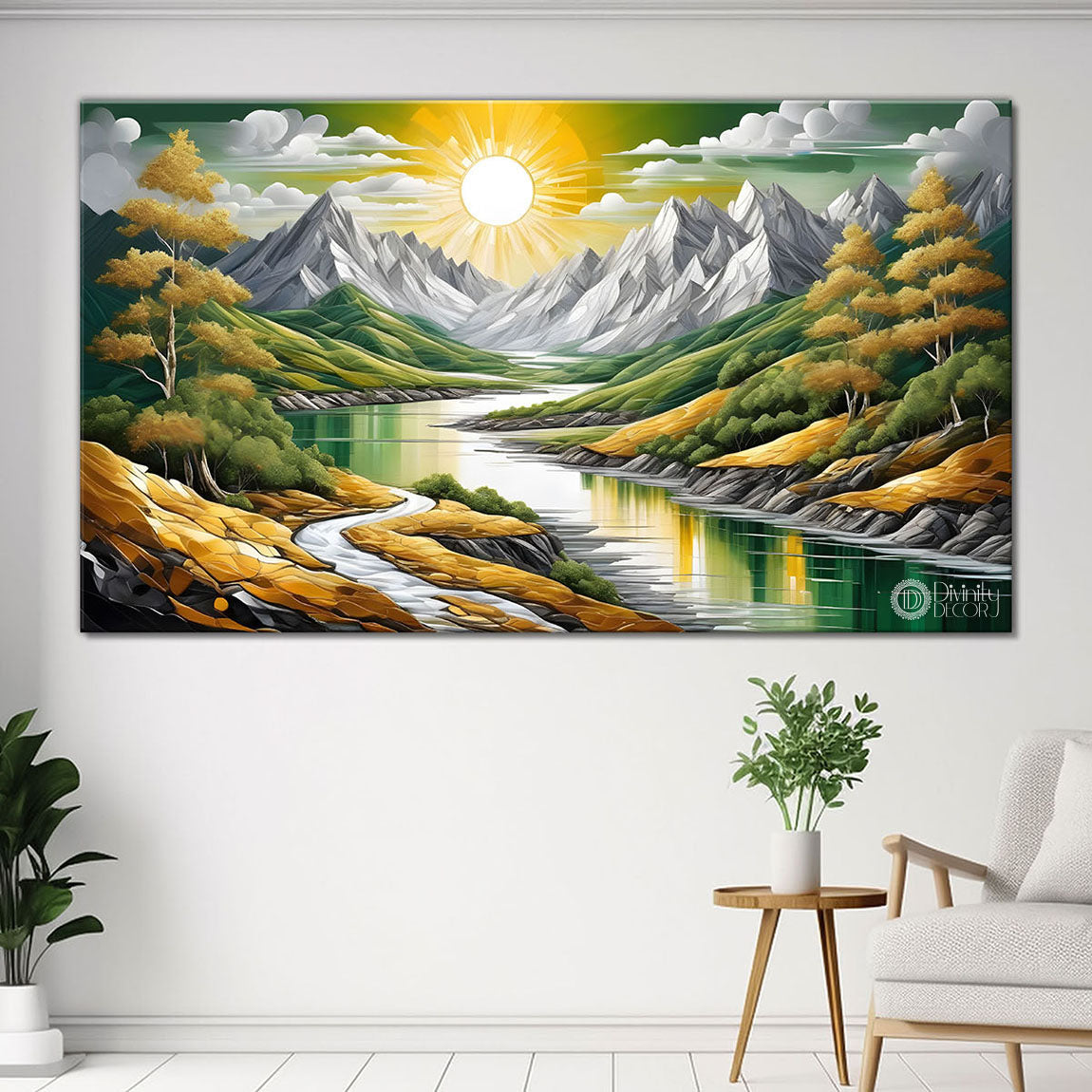 Green mountains with sun and trees painting Canvas Painting - Nature Art -827
