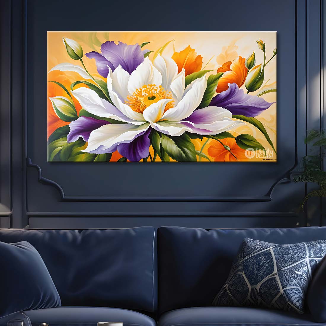 White flowers in yellow background canvas painting- Flower-828