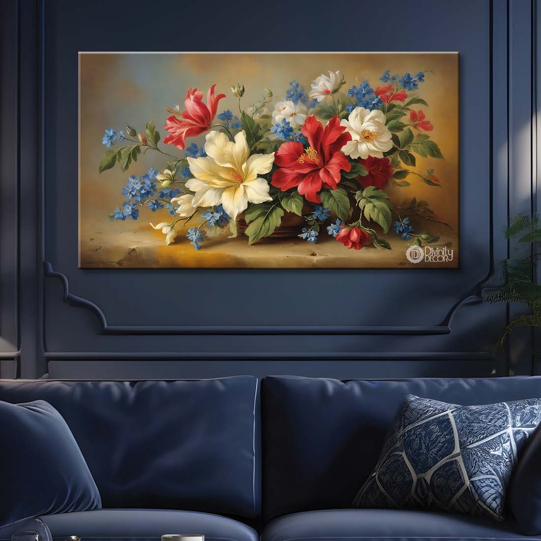 Colorful flowers in light brown background canvas painting- Flower-829