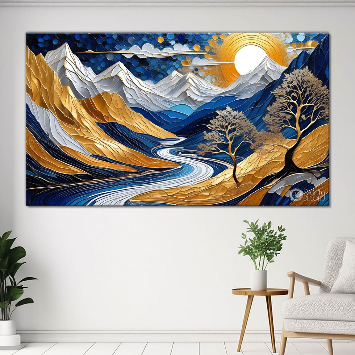 Blue mountains with the tree and the lake painting Canvas Painting - Nature Art -831