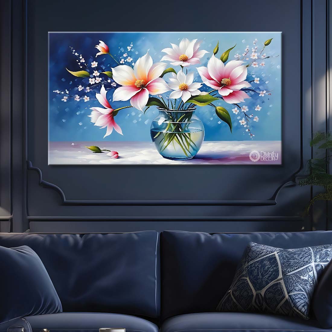 Pink flowers in light blue background canvas painting- Flower-832