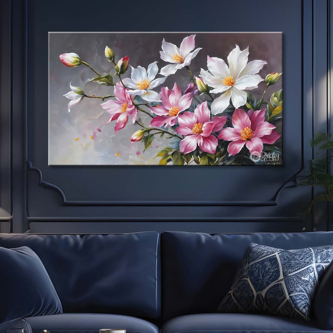 Pink and white flowers in light grey background canvas painting- Flower-833