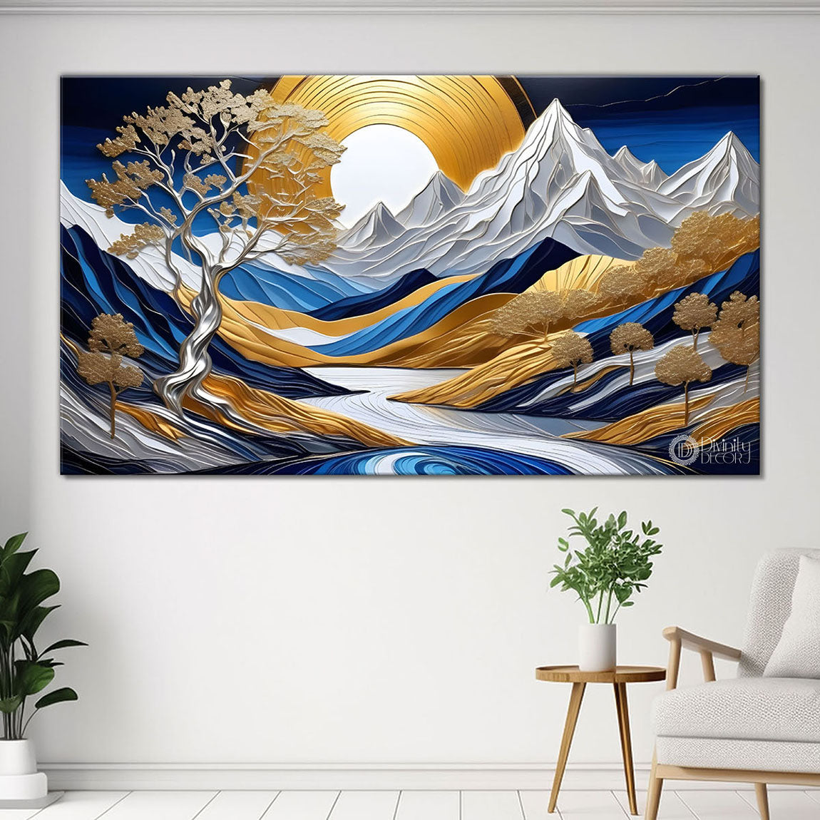 Blue mountains with the tree and the lake painting Canvas Painting - Nature Art -833