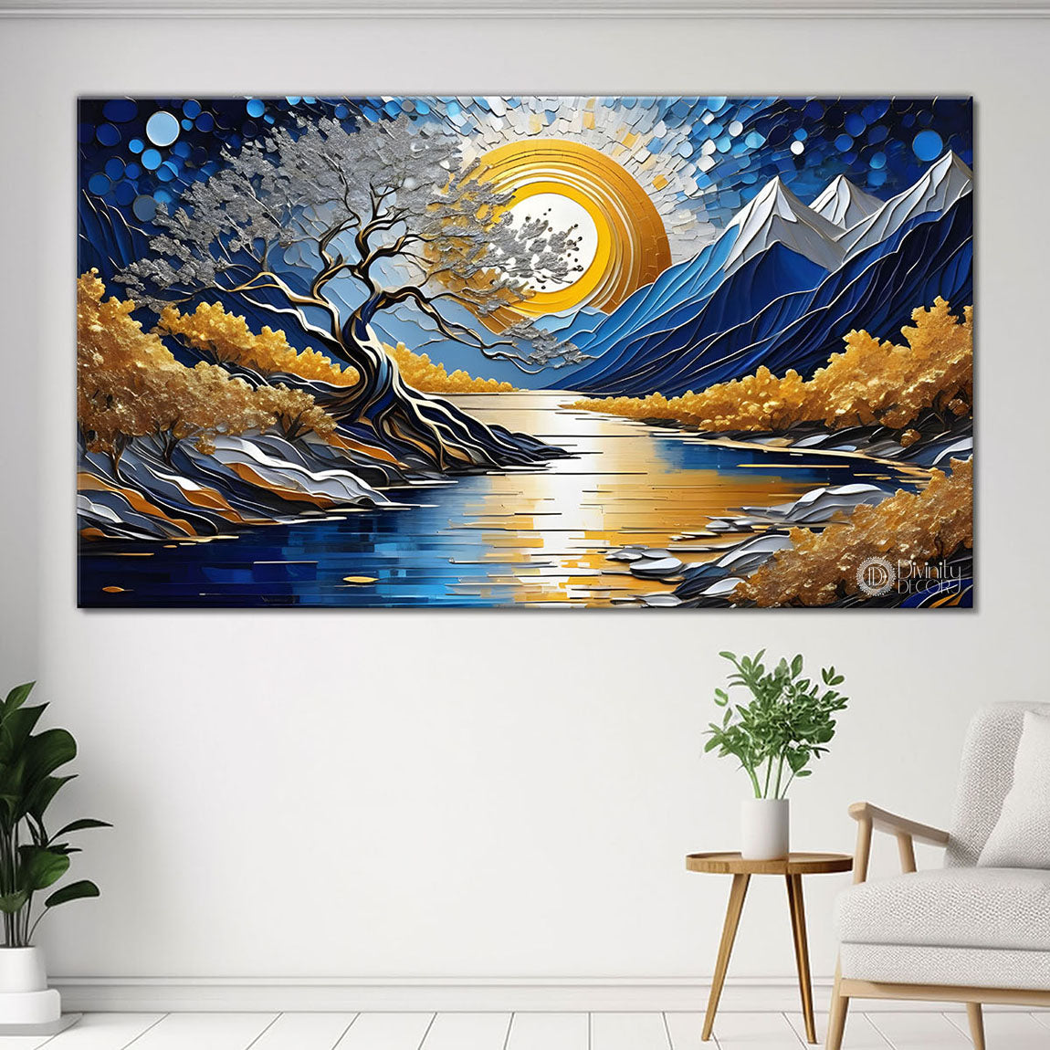 Blue mountains with the tree and the lake painting Canvas Painting - Nature Art -834