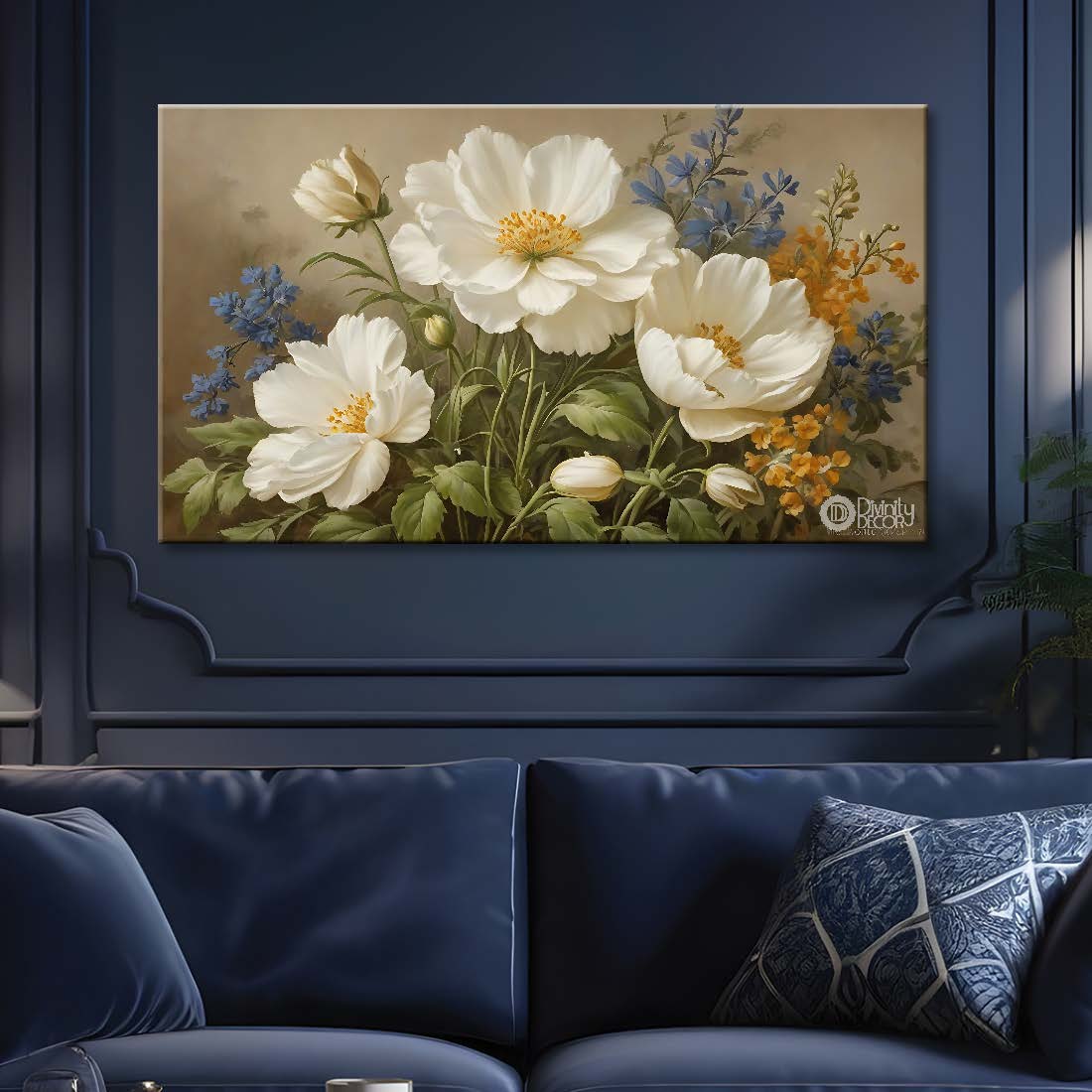 White flowers in light brown background canvas painting- Flower-836