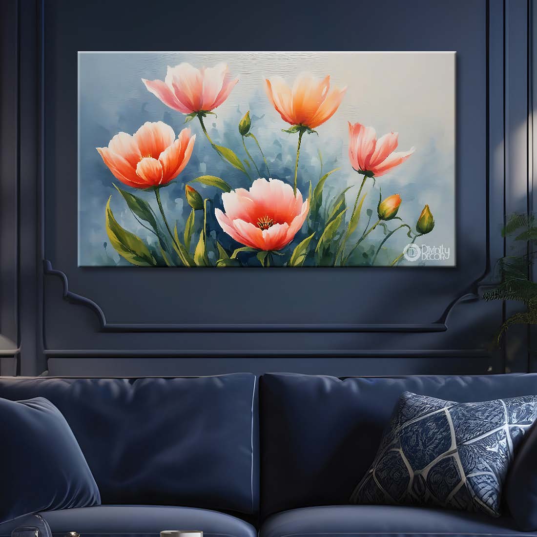 Pink flowers in light blue background canvas painting- Flower-837