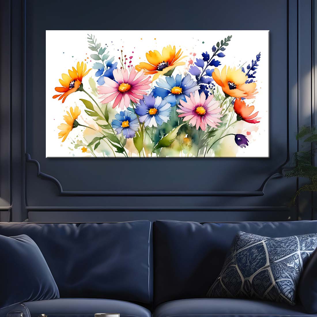 Colorful flowers in white background canvas painting- Flower-839
