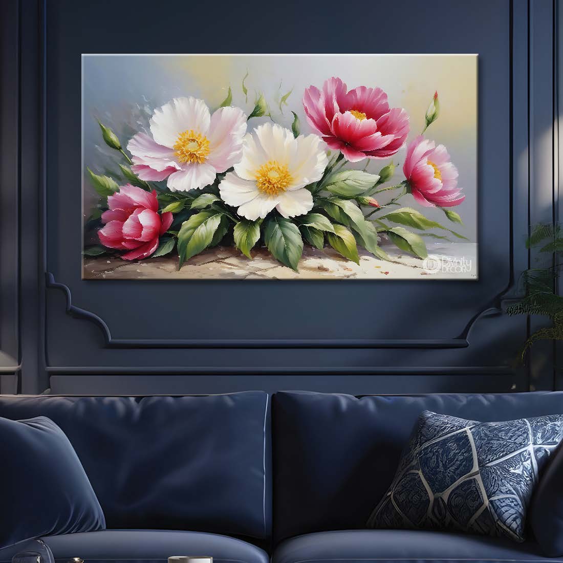 White and pink flowers in grey background canvas painting- Flower-840