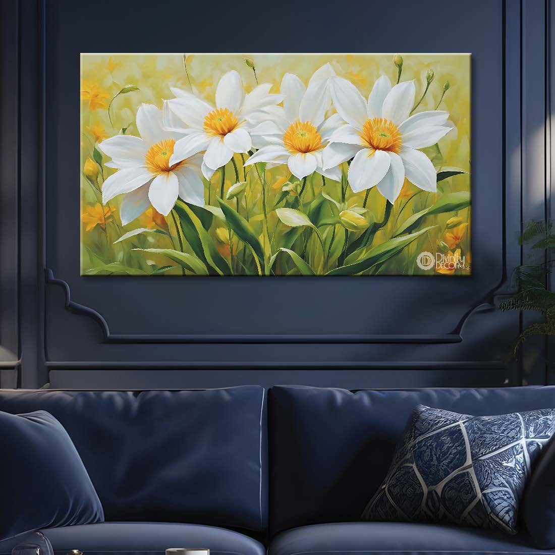White flowers in light green background canvas painting- Flower-841