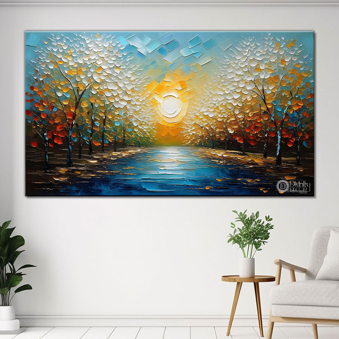 Trees with the sun and river painting Canvas Painting - Nature Art -842