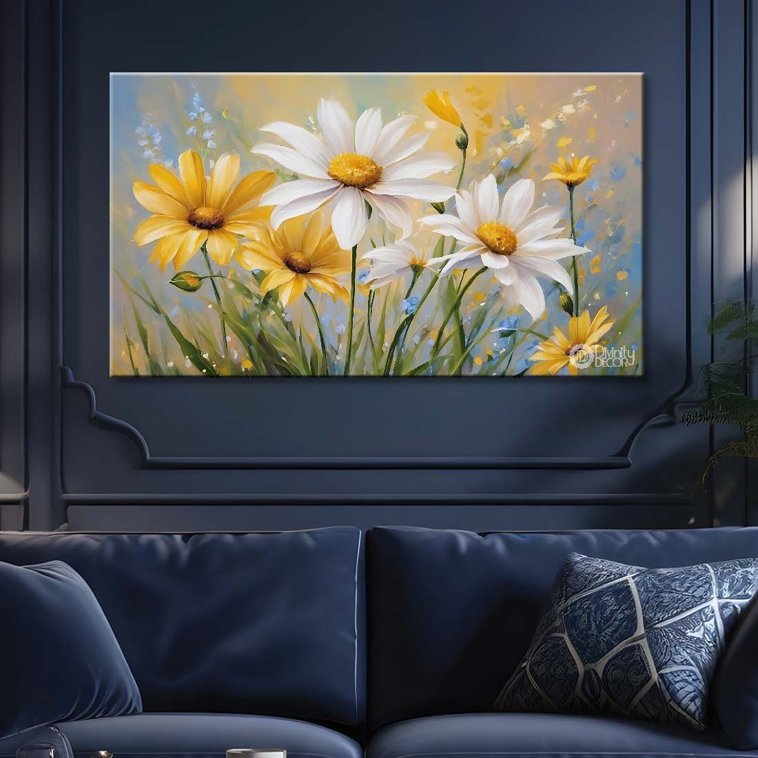 White and yellow flowers in grey background canvas painting- Flower-845