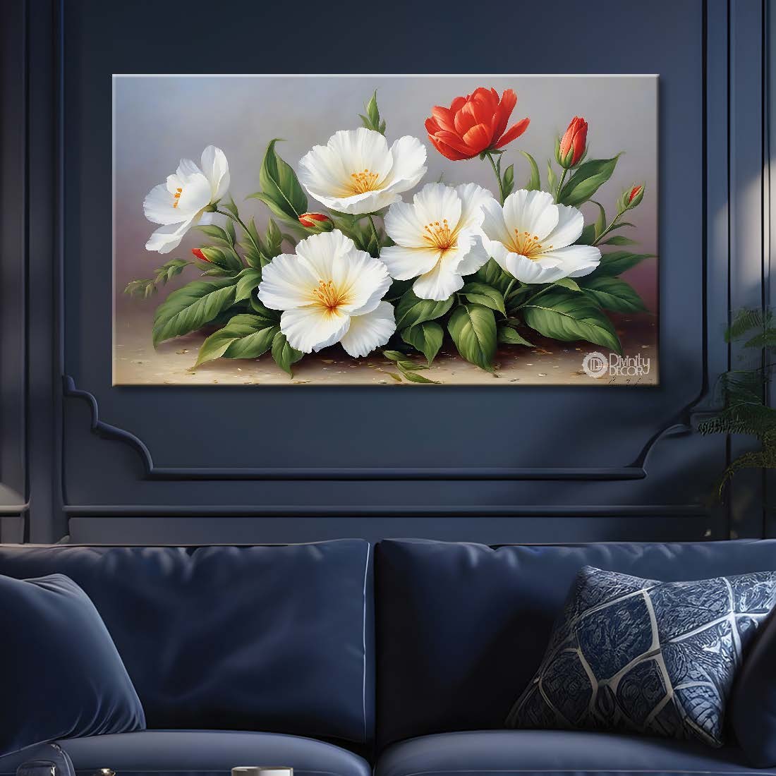 White and red flowers in grey background canvas painting- Flower-846