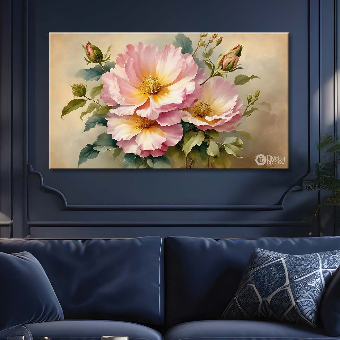 Pink flowers in light brown background canvas painting- Flower-848