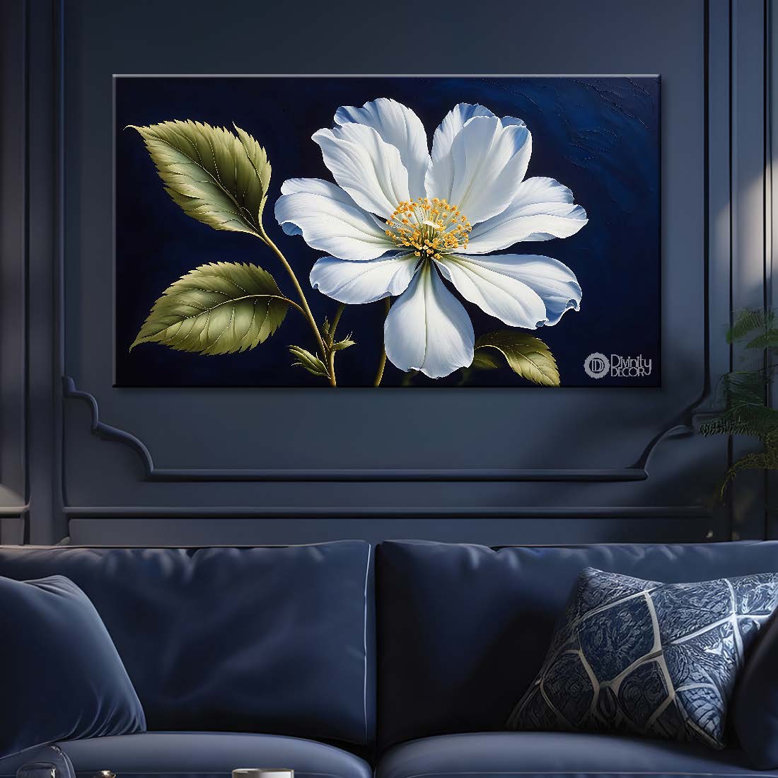 White flower in navy blue background canvas painting- Flower-849