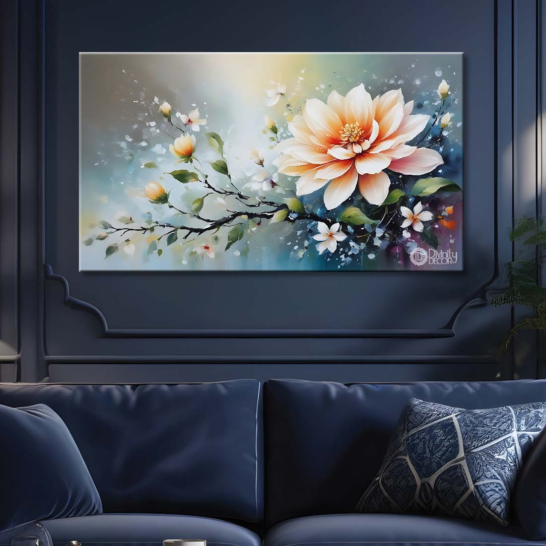 White flowers in sky blue background canvas painting- Flower-851