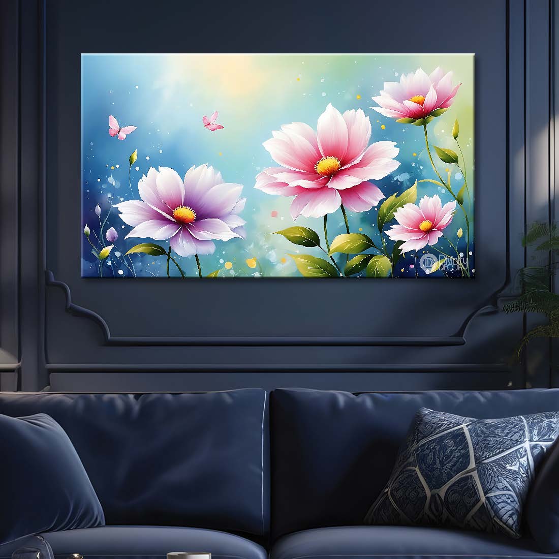 Pink flowers in light blue background canvas painting- Flower-852