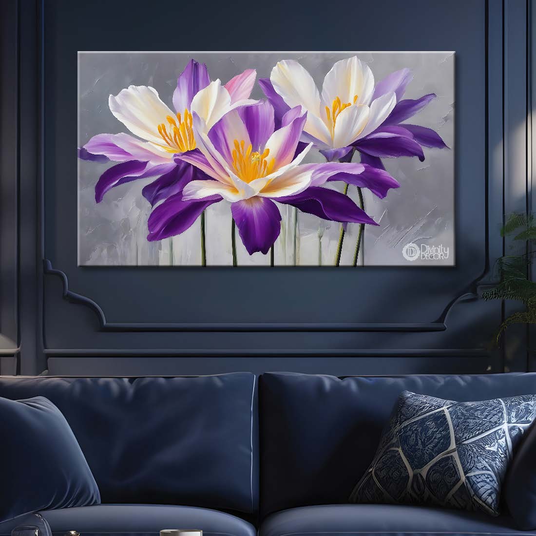 Purple flowers in grey background canvas painting- Flower-853