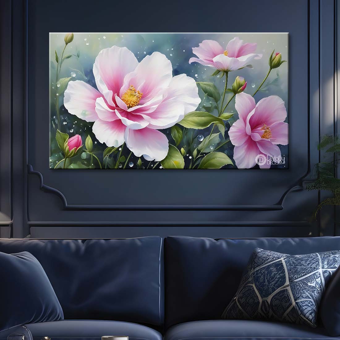 Pink flowers in light blue background canvas painting- Flower-854
