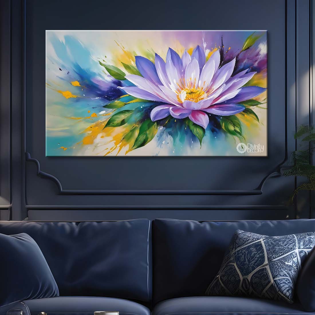Purple flowers in yellow and blue background canvas painting- Flower-857
