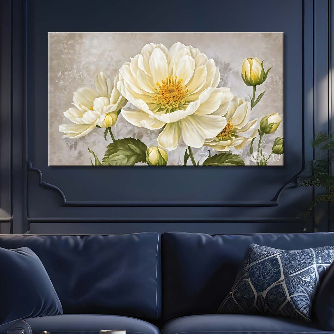 White flowers in grey background canvas painting- Flower-858