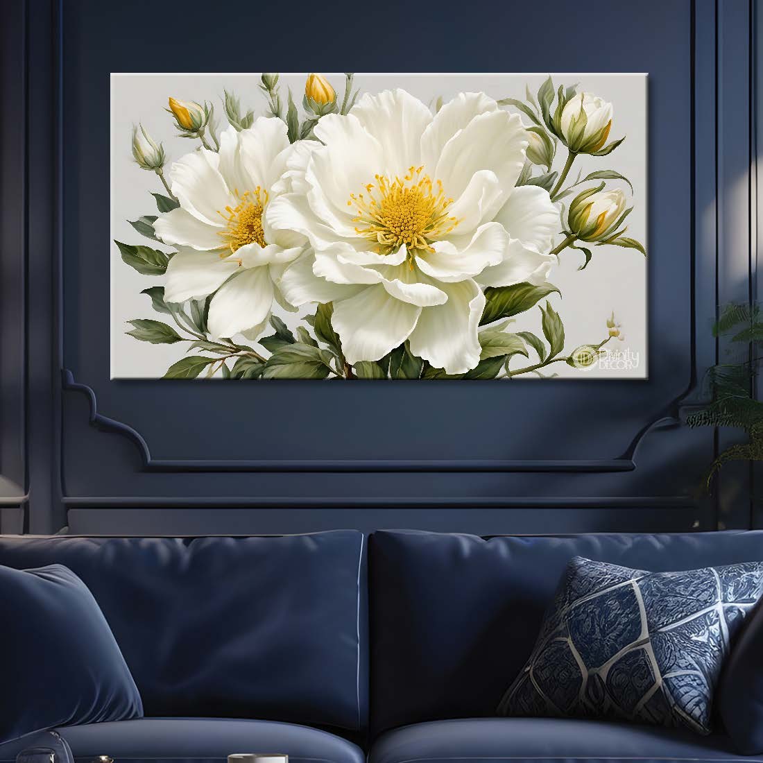 White flowers in grey background canvas painting- Flower-859