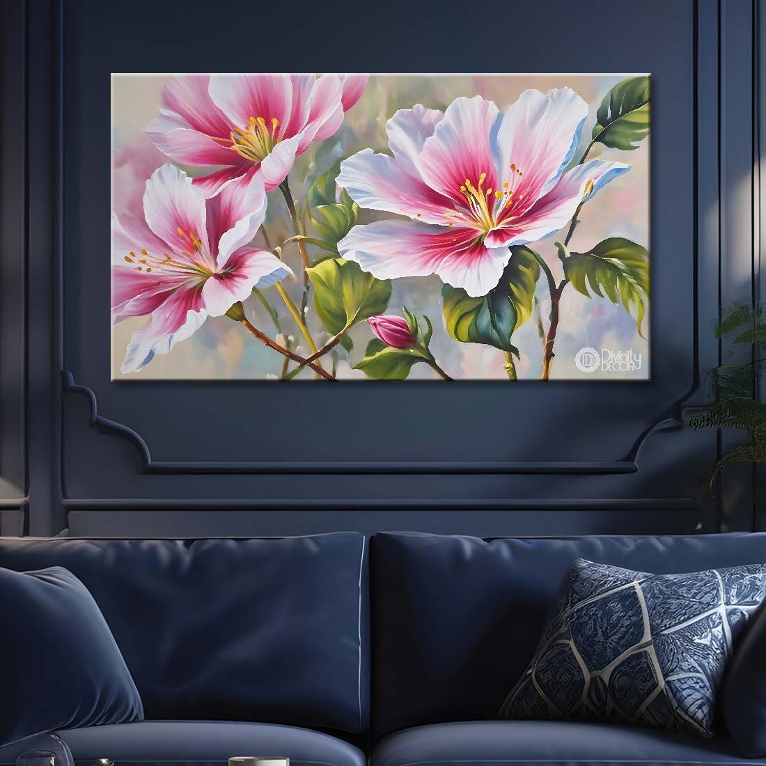 Pink flowers in grey background canvas painting- Flower-860