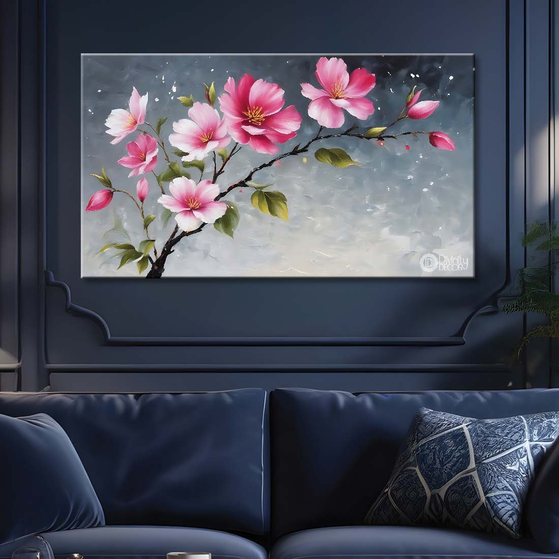 Pink flowers in grey background canvas painting- Flower-862