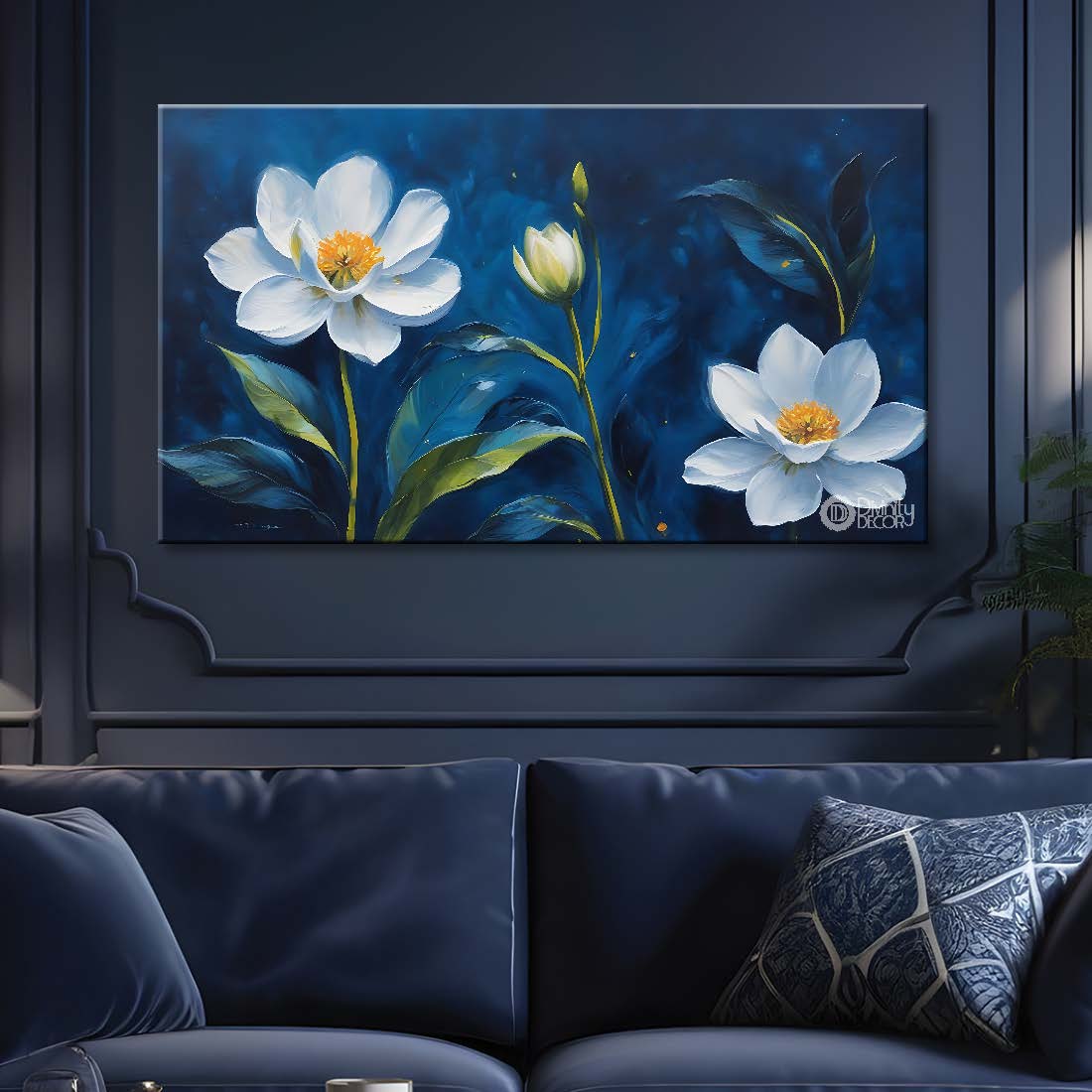 White flowers in navy blue background canvas painting- Flower-863
