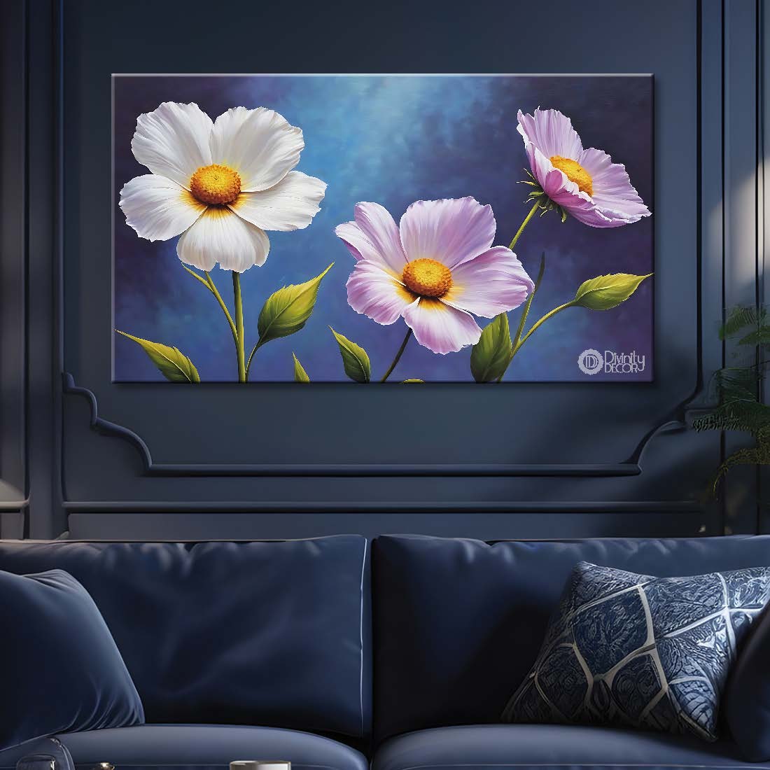 White and pink flowers in blue background canvas painting- Flower-864