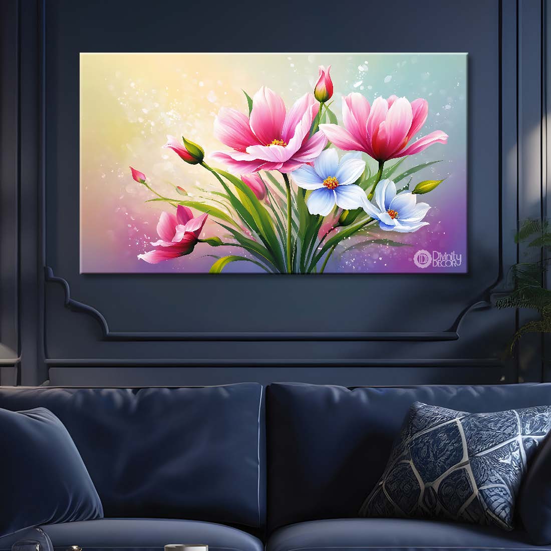 Pink flowers in colorful background canvas painting- Flower-865